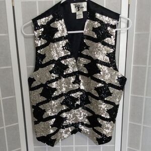 Taras Stars Black Silver Sequins V Neck Snap Vest Women's Large‎